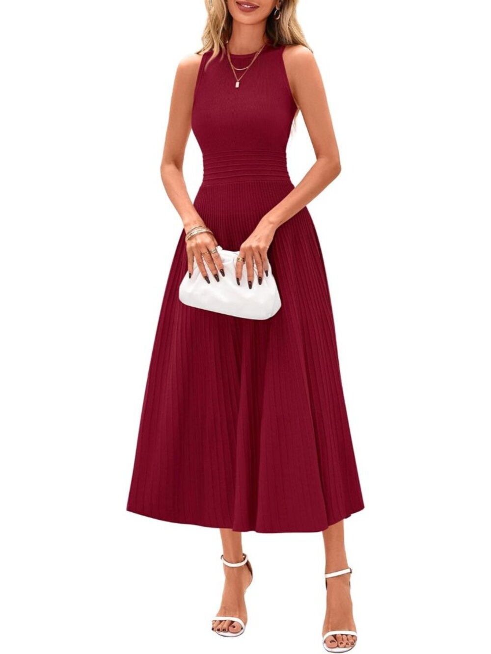 Women's Burgundy Sleeveless A Line Summer Pleated Midi Work Wedding Guest Dress